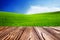 Empty tiles at wooden tabel landscape with green grass and blue sky with clouds on the farm in beautiful summer sunny day. Clean,