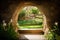 Empty tomb carved out of rock in a beautiful garden