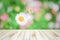 Empty top view of wooden table on flower bokeh background, For