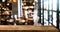Empty top of wooden shelves on coffee shop ,tree front view background. For product display blur background image, for display