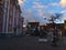 Empty town square Schlossplatz in front of historic building Neues Schloss with pink colored facade in winter.