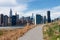 Empty Trail up a Hill at Hunters Point South Park in Long Island City Queens with a view of the Manhattan Skyline of New York City