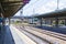 Empty train platforms and a parked locomotive