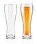 Empty transparent glasses and full of beer with white froth