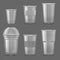 Empty transparent plastic disposable cups. Takeaway drink containers isolated vector set