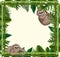 Empty tropical leaves frame banner with sloth cartoon character