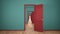 Empty turquoise and red architectural interior with infinite open doors, endless corridor of doorway, walkaway, labyrinth. Move