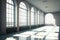 empty unfurnished interior with large stained gl windows in office building