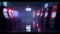 Empty video game arcade, 80s style, neon, gaming mashines in a row, AI generative