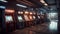 Empty video game arcade, 80s style, neon, gaming mashines in a row, AI generative
