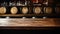 Empty vintage wood table on blurred wine cellar background, old desk in dark bar or restaurant. Wooden barrels in storage of