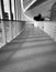 Empty walkway between buildings. Black and white scene of modern design walkway between building. Modern architecture of corridor