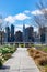 Empty Walkway at Gantry Plaza State Park in Long Island City Queens New York with a view of the Midtown Manhattan Skyline during S