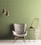 Empty wall with chair & plant on table, minimalism loft interior background