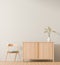 Empty wall in scandinavian style interior with wooden drawer. Minimalist interior design. 3D illustration