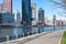Empty Waterfront along the East River at Roosevelt Island and looking towards the Upper East Side Skyline of New York City during