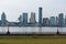 Empty Waterfront at Battery Park in New York City with a view of the Jersey City Skyline along the Hudson River