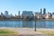 Empty Waterfront at Rainey Park in Astoria Queens New York along the East River with a view of Roosevelt Island and the Upper East