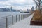 Empty Waterfront of Williamsburg Brooklyn New York along the East River with a view of the Midtown Manhattan Skyline