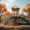 empty weathered old-style playground, with a fading slide,a park in autumn with leaves on the floor, generative ai