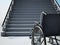 Empty wheelchair standing in front of steep staircase. 3D illustration