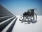 Empty wheelchair standing in front of steep staircase. 3D illustration