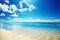 Empty white beach with a bright blue sky. Idyllic tropical seascape. Paradise beach. Generative AI