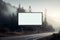 Empty white billboard on the side of highway in forest during sunrise fog. Generative ai