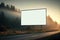 Empty white billboard on the side of highway in forest during sunrise fog. Generative ai