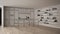 Empty white interior with parquet floor, custom architecture design project, black ink sketch, blueprint showing classic kitchen