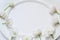 Empty white oval frame with delicate Apple blossoms. blank with flowers. mockup card for womens day wedding