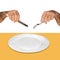 Empty white plate on a yellow background and hands with a knife and fork are not white background