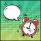 Empty white speech bubble and red alarm clock on green background. Comic sound effects in pop art style. Vector