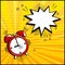 Empty white speech bubble and red alarm clock on yellow background. Comic sound effects in pop art style. Vector