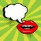 Empty white speech bubble for your text with red lips on green background. Comic sound effects in pop art style. Vector