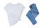 Empty white t shirt and blue denim on white background, black t-shirt mock up and blue jeans, blank t shirt