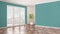 Empty white and turquoise interior with panoramic window, winter panorama with snow, herringbone parquet floor, classic