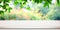 Empty white vintage wooden table over blurred park nature background, banner for product display montage, spring and summer