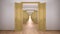 Empty white and yellow architectural interior with infinite open doors, endless corridor of doorway, walkaway, labyrinth. Move