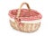 Empty wicker basket with red linen lining,