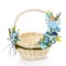 Empty wicker decorative basket with decor in blue tones. Isolated