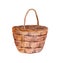 Empty wicker woooden basket. Rustic picnic bag from wood. Watercolor vector Easter basket