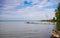 Empty wood deck at Balaton lakeshore i