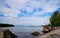 Empty wood deck at Balaton lakeshore in the morning hours