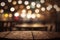 Empty wood table and blurred bokeh cafe light background Generative AI