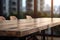 Empty wood table in a modern office, blurred background, ai generative illustration