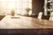 Empty wood table in a sunny office, blurred background, ai generative illustration