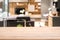 Empty wood table top with Blurred abstract mock up of modern living room interior