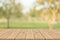 Empty wood table top on nature green blurred background at garden,space for montage show products