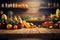 Empty wood table top on shelf, Vegetable and Fruits Store blurred background AI Generated